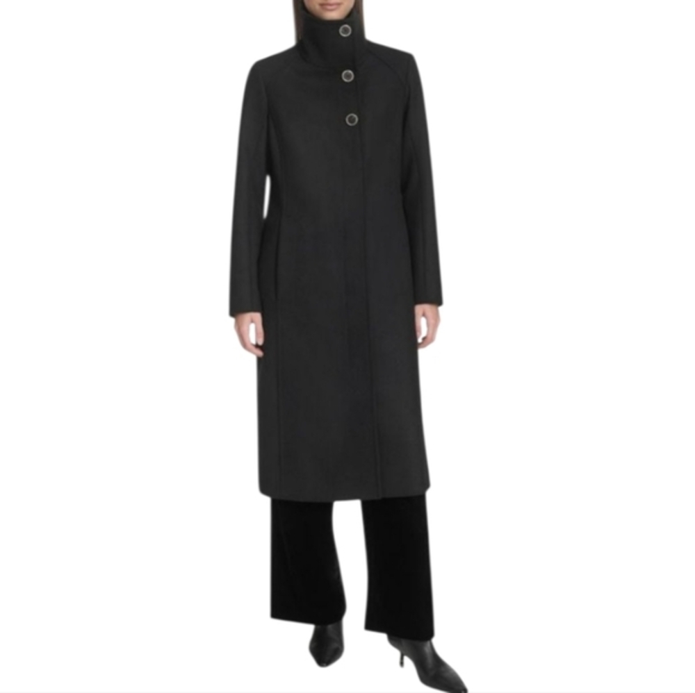 Kenneth‎ Cole Black Wool Blend High Neck Button Front Long Coat Women Sz M
